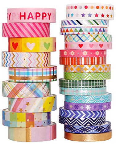 LGEGE 27 Rollen Regenbogen Slim Washi Tape Set, 5/10 mm breit, helle bunte Muster, japanisches Abdeckband für Scrapbook, Bullet Journal und Geschenkverpackung (3 m)