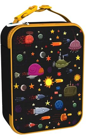 Ion8 Spaceships Design Lunch Bag, Easy Access 3-Sided Zip, Write-On Name Patch, Freshness & Insulation for 6 Hours, Elasticated Mesh Pocket for Bottles, Machine Washable, Polyester Material, Black