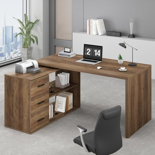 HSH Rustikeiche 140 cm Eckschreibtisch Holz mit Stauraum für HomeOffice | Holz Gestell Als Schreibtisch mit schreibtisch mit schubladen geeignet für tägliche Büroarbeit