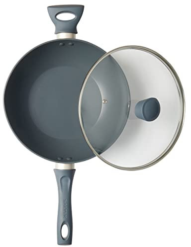Salter BW12267EU7 Marino 28cm Non-Stick Wok – Stir Fry Pan, Induction Safe, Includes Tempered Glass Lid & Vents, Little/No Oil, PFOA-Free, Soft-Touch Handles, Forged Aluminium, Blue Grey