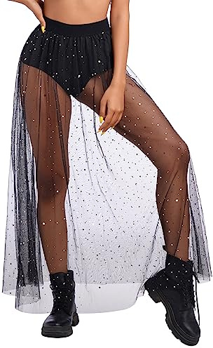 Damen Sexy 2 in 1 Transparent Mesh Rock High Waist Maxirock Glitzer Sterne Frezeit Strand Streetwear Clubwear Schwarz L