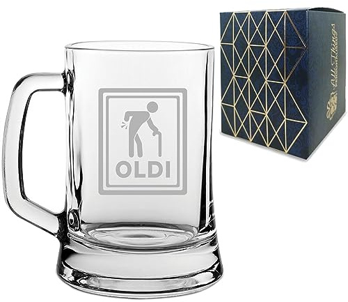 All Things Personalised Engraved Novelty Beer Mug Tankard Stein with Oldi Design, Gift Box Included, Laser Engraved, Gift for Dad Grandad Colleague Retirement, Funny Gift, Add an Optional Message
