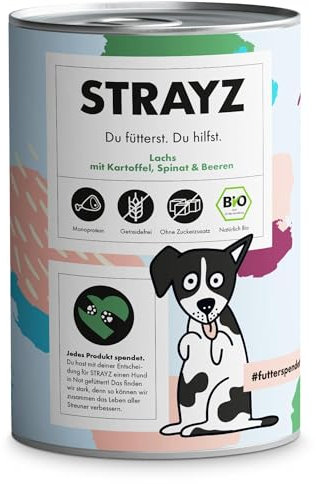 STRAYZ - Bio Hundefutter nass - Lachs mit Kartoffel, Spinat & Beeren | Nassfutter für Hunde - Getreidefrei, ohne Zucker & ohne Bindemittel (6x400g)