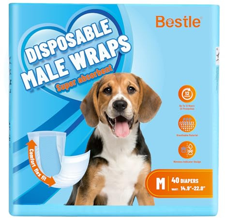 Bestle Male Dog Wrap, Disposable Dog Diapers, 40 Count, M (Waist 19.7”-23.6”), Wetness Indicator, Ultra Protection, Leak Proof, Super Absorbent, Soft