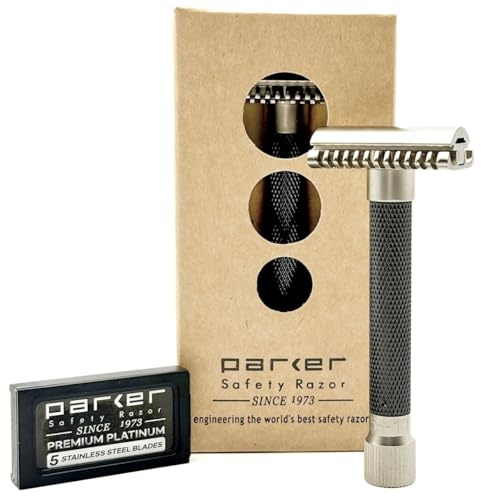 Parker THE VARIANT OPEN COMB - ADJUSTABLE Double Edge Safety Razor, Customize your Shave with a Turn of the Dial from Mild to Aggressive - 5 Blades Included (Graphite Gray)