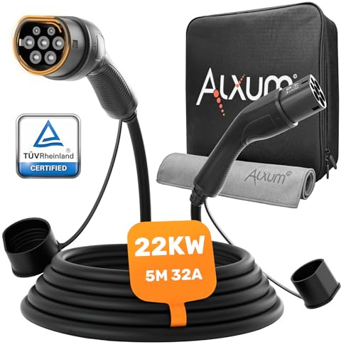 Alxum Typ 2 Ladekabel 22kw & 32A-für Hybrid & Elektroauto-3 Phasig 5 Meter Typ 2 auf Typ 2 Auto Ladekabel mit Tasche und Mikrofasertuch,IP55 Wasserdicht Typ 2 auf Typ 2 EV Schnellladekabel