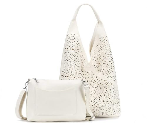 Damen Tasche XXL Set 2in1 Shopper Hobo Bag Schultertasche Cross Over Body Bag Umhängetasche Beuteltasche Handtasche Leder Optik Beige