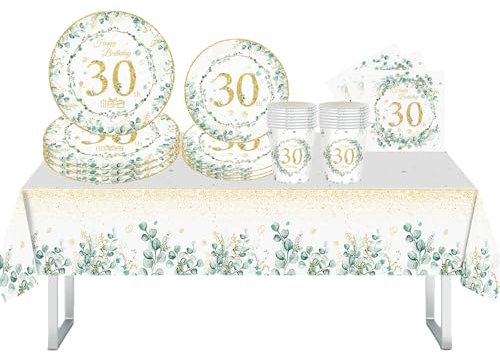 65Pcs Table Decorations for Her Girls Him Boys, Birthday Tableware,Party Decorations with Plates and Napkins Paper Cups,Tablecloth (SGreen-30th)