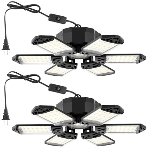 LED Garagenleuchten,185W Verknüpfbar Werkstattlampe mit Stecker, 18500LM Superhelles Hängen Werkstatt Deckenleuchte,6500K Werkstattleuchte mit 6 Verstellbaren Paneelen Garagenlicht für Carport 2P