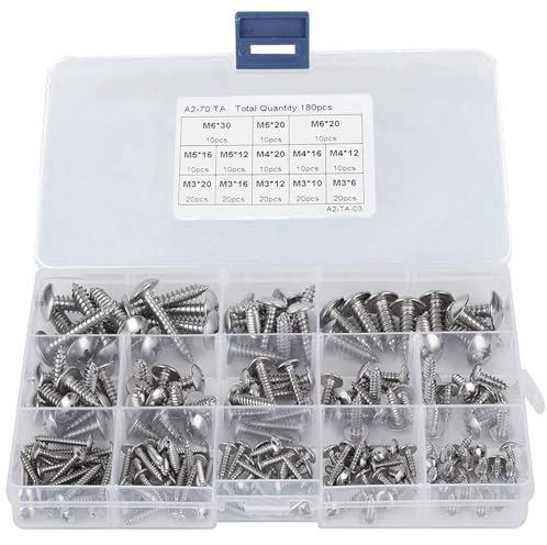180Pcs M3 M4 M5 M6 Phillips Pan Head Self-Tapping Screws Kit, 304 Stainless Steel Cross Round Head Drilling Screw, Metal Wood Screw Assortment Set with Storage Box, Repair Fixing Lock Nut Thread Nails