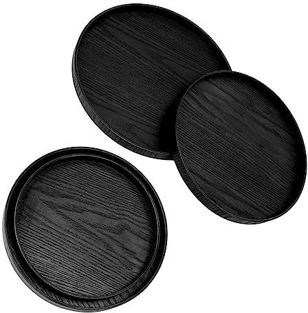 OKJHFD Plateau de service en bois 4 pièces, plateau de service rond de restaurant à surface antidérapante, plateau de service rond multifonctionnel sûr et anti-déversement antidérapant (Noir)