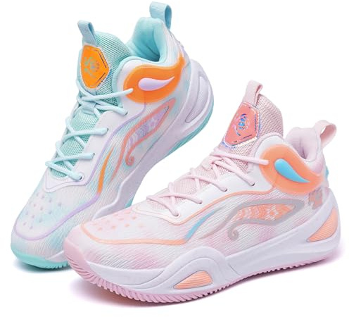 Unisex Basketball Shoes Breathable Lightweight Athletic Sneakers Non Slip Rubber Sole for Indoor Outdoor Court Walking Sports Training GreenPink Size 8