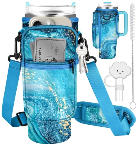 Water Bottle Holder Carrier Bag for Stanley Cup 40 oz Water Bottle Sling Pouch with Adjustable Shoulder Strap Phone Pocket Clouds Straw Cover Cleaner Brush for Walking Travel Hiking Gym（Marble）