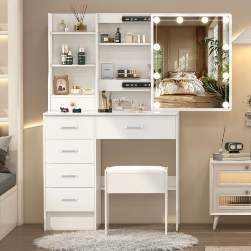 LIANWANG Dressing Table with Sliding Mirror and Stool,Vanity Set with 6 Drawers and 6 Shelves, Makeup Table Vanity Desk with 3 Color Light Modes for Teen Girls, White