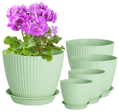PROFIKLA 18/15/14/13/11.5cm Plastic Plant Pots, Pack of 5 Flower Pots, Plant Pots with Drainage Holes and Saucers, Modern Decorative Planters, Green