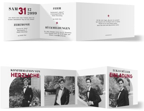 Personalisierte Konfirmation Einladungskarten im modernen Chronos Motiv mit 4 Ihrer Foto und eigenen Texten, Zickzackfalz Klappkarte, 300g/qm Kartonpapier