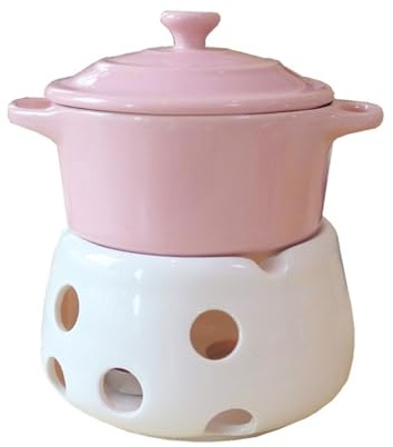 KANLVU Keramik Chokladfondue Set Med 2 Gafflar Och 1 Värmeljus Ostfondue Set Med Lock Set Med Smörvärmare, Chocolate Fondue För Choklad Och Tapas(Pink)