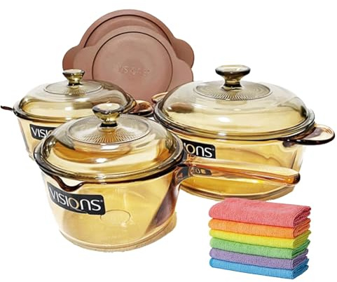 Visions VS-338 Glass Cookware Set - 3-Piece Non-Porous Glass Pot Set with Lids, Heat-Resistant, Stovetop & Oven Safe, Transparent Design for Easy Monitoring - Includes 1.5L, 1.25L, 2.25L Pots