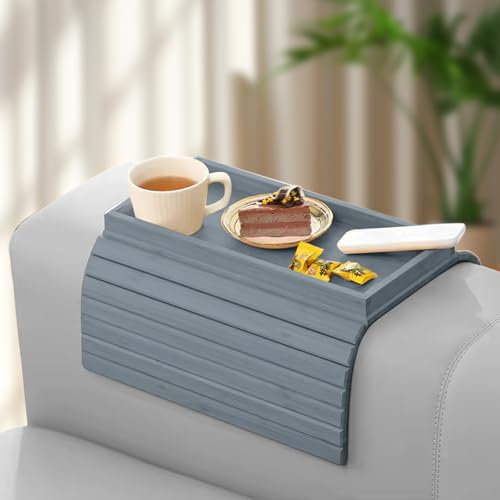 Sofa Armlehnenablage, Bambus Couch Tablett mit Rutschfester Stoffunterseite, Verstellbare Sofa Unterstützung, Sofa Beistelltisch für Fernbedienung, Getränke, Snacks, Magazin (Grau)