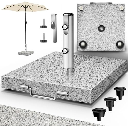 tillvex® Base per Ombrellone da Giardino in Granito, Quadrata - 27 kg, con Tubo in Acciaio Inox, Supporto per ombrellone da Balcone da 16 a 48 mm e 300 cm di Diametro + Maniglia per Il Trasporto