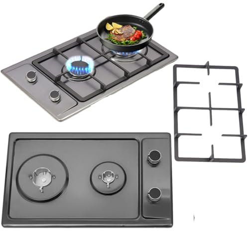 Placa de cocción portátil con 2 fuegos para cocina de gas empotrable, acero inoxidable, rejilla de hierro fundido, encendido electrónico, 3 kW+1,75 kw, compatible con gas natural/GLP, con válvula de