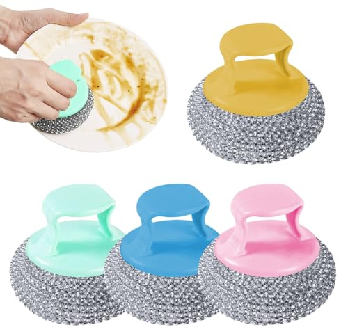 4 Stücke Topfreiniger Edelstahl, Stahlschwamm Topfschrubber Mit Griff, Wiederverwendbar Edelstahl Schwamm Topfreiniger Für Reinigen Von Geschirr, Pfannen, SpüLen Usw