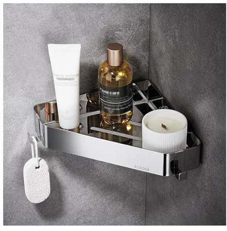SDA287MZ Estanteria Ducha Estante de baño de Esquina, Organizador de Ducha de Esquina montado en la Pared, sin Taladro, de Acero Inoxidable 304, con 2 Ganchos, 3 Colores Estantería Baño(Silver)