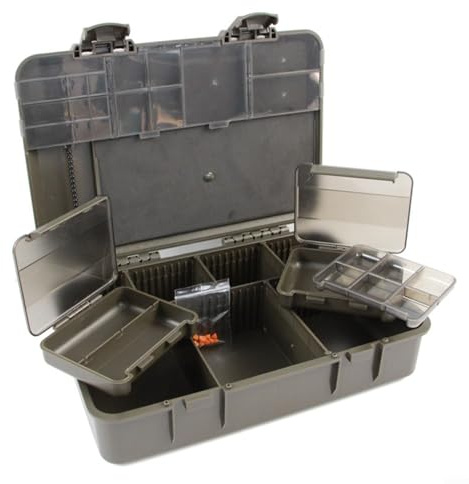 Sandyseptember Boîte de rangement pour matériel de pêche avec 2 + 1 compartiments, organisateur de bas de ligne de pêche à la carpe, plusieurs sections pour appâts et outils