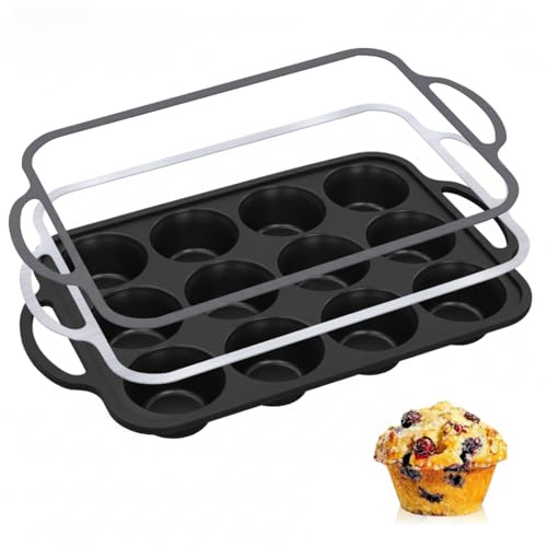 12-Cup Mini Silicone Muffin Pan with Reinforced Steel Frame,Metallic Black