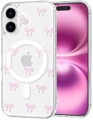 TVVTPU Magnetica Cover per iPhone 16 Compatibile con MagSafe, Custodia Trasparente con Motivo a Fiocchi Silicone TPU Bumper Protezione Antiurto Antigraffio Case, Rosa