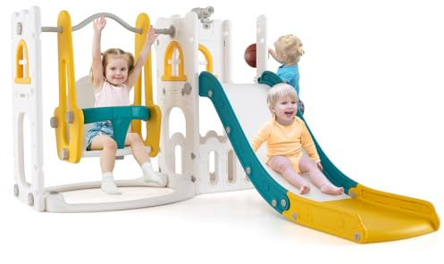 COSTWAY 7 en 1 Toboggan Enfant en HDPE avec Balançoire & Panier de Basketball, Aire de Jeux Intérieure avec Télescope & Échelle, Espace de Rangement pour Tout-Petits de 1-3 Ans (Jaune+Vert)