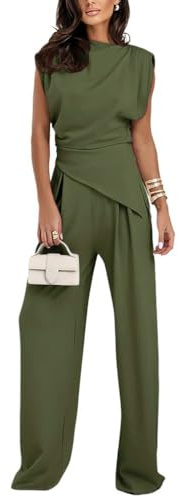 nicticsi Donna Completo Tuta 2 Pezzi Elegante Business Sets in Tinta Unita Orlo Irregolare Magliette a Girocollo e Pantaloni a Gamba Larga Dritta Tute per Casa Casual