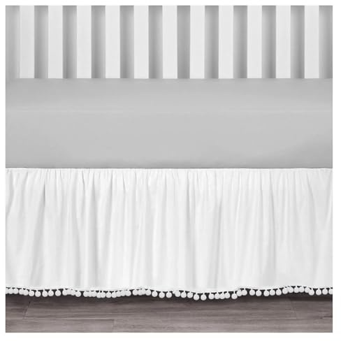 WJIAYAO Jupe De Berceau Jupe de Berceau avec Pompons – Literie for Tout-Petits for garçons et Filles, élastique sur 4 côtés – 35,6 cm de Hauteur(White,60x 120 x 36 cm)