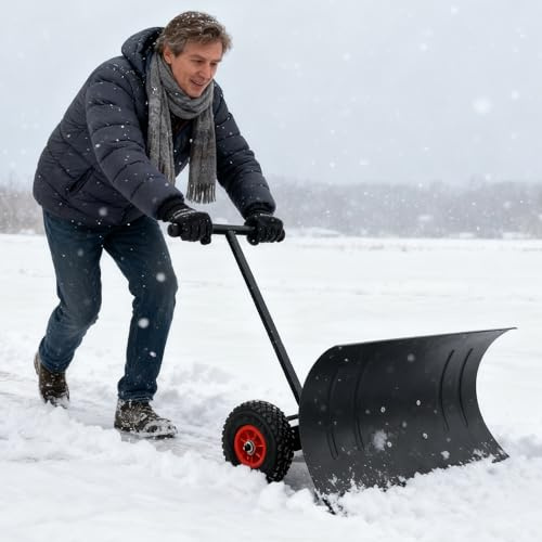 Eldzenith Schneeschaufel mit Rädern, Schneeschieber, 5-Fach Höhenverstellbar, Schneeschild 74cm Arbeitsbreite, Höhe 46 cm, Metall, Rückenschonender Schneeräumer, für Einfahrt, Garage, Schwarz