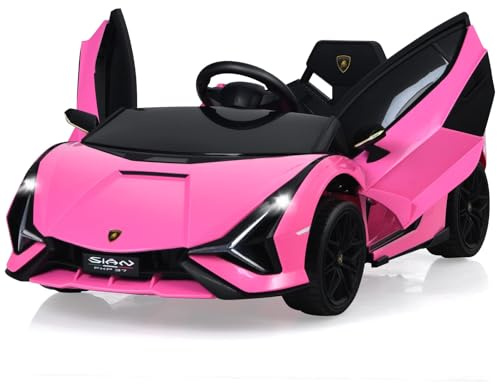 FANTASK 12 V Lamborghini elbil för barn, elektrisk barnbil med 2,4 G-fjärrkontroll, 3–5 km/h, elfordon med MP3, radio, musik och LED-strålkastare, för barn från 3–8 år (rosa)