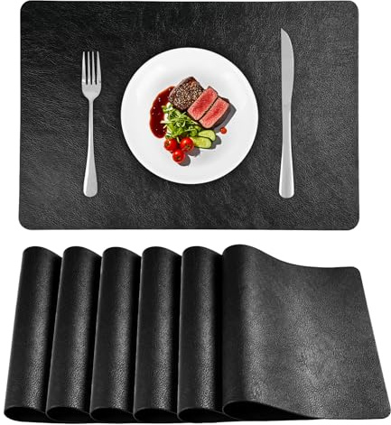 APLKER Tischsets Abwaschbar 6er Set Lederoptik Platzdeckchen 43 × 30 cm | Kunstleder Tischsets Platzsets Abwaschbar Doppelseitigen Rutschfest Wasserdicht Tischuntersetzer 16,9 × 11,8 Zoll Schwarz