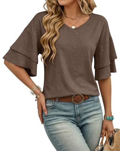 WNEEDU T Shirt Donna Collo a V Magliette Donna Manica Corta a Balze Estiva Blusa Elegante Casual Tunica Top Estivo Vacanza Mare Marrone XL