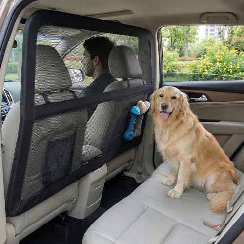 Hocomay Hundeschutzgitter Hunde Autobarriere 127 cm, Schutznetz Barriere Trennnetz, universell passende Hunde-Autobarriere für Geländewagen/MPV/LKW, transparentem Netz Schwarz