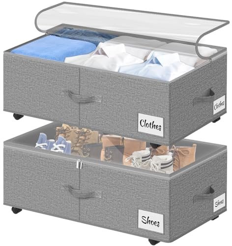 Byrå under sängen med hjul 360° rotation, 2 stycken XXL 60 l underbäddslådor med transparent lock, snabb montering sänglåda förvaring för täcken, kläder, skor & filt, grå