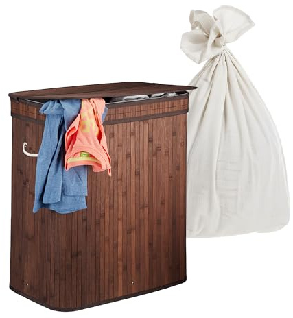 Relaxdays Tvättkorg med lock, 3 fack, bambu, 105 l, vikbar, H x B x D: 63 x 52 x 32 cm, tvättsorteringssystem, mörkbrun