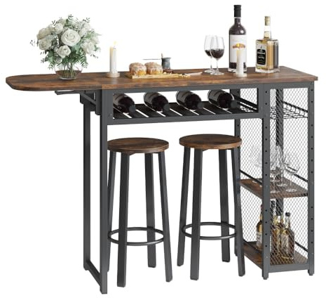 Bestier Bar Table and Chair Set, Expandable Dining Table with 2 Bar Stools, Industrial Kitchen Counter with Wine Rack & 3 Tier Adjustable Storage Shelves (Rustic Brown)