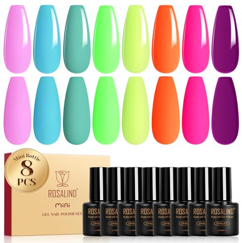 ROSALIND UV-nagellack, 8 färger rosa, blå, grön, gul, orange, lila, färggel, nagellack, vår, sommar, blötläggning, färggel för gelnaglar manikyr