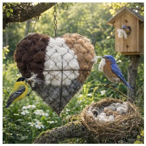 LDDVWRA Handmade Fiber Bird Nesting Heart, Refillable Birds Haven 1 Heart Shape Hummingbird Nesting and 2 Bags of Nest Materials, Winter Fowl Gifts Animal Hummingbirds Lovers Home Garden Yard(1Set)