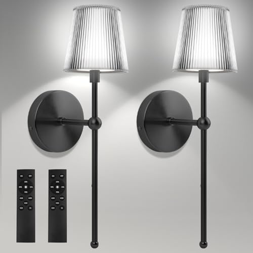 AUAUY 2PCS Battery Operated Wall Lights, 5000mAh Rechargeable Wall Sconce | with Remote & Touch Control, 3 Light Temperatures, 4 Level Dimming, Indoor Sconce for Bedroom, Living Room, Hallway (Black)