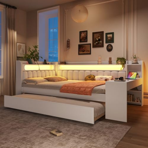 Merax Gepolstertes 140x200 Tagesbett mit USB-Anschlüssen, LED-Gürtel, Ausziehbett und Schreibtisch – Sofabett, Tagesbett für Gästezimmer, Weiß