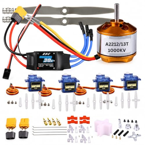 DIY RC Airplane Kit A2212 KV1000 Motor, 30A ESC, 4 Servos, 2 Propellers | Complete kit includes 4 SG90 servos, XT60 connector, motor mount, Z-bend linkages, and all required linkage hardware.