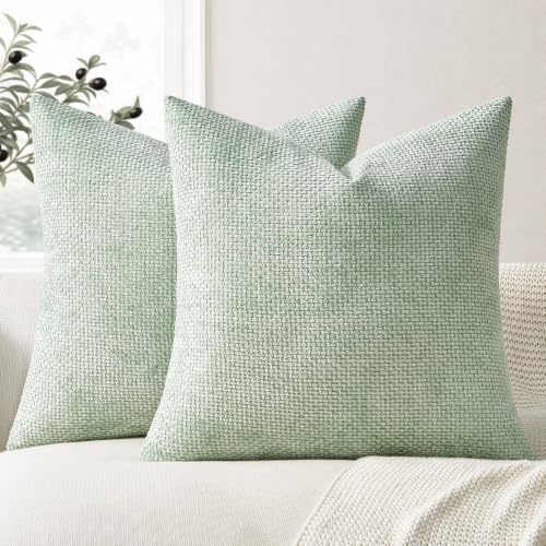 Topfinel Kissenbezug 40x40 2er Set in Salbeigrün Flauschiger Chenille-Stoff Deko Salbeigrün Deko Wohnzimmer Boho Kissen Dekokissen Geeignet Für Bett Garten Balkon Schlafzimmer