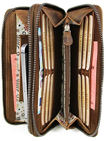 ALMADIH Portefeuille Giana BV Cuir de première qualité pour Femme- 2 Compartiments avec Fermeture à zippé, 12 emplacements pour Cartes, pour téléphone Portable - Portefeuille P26 Brun Vintage