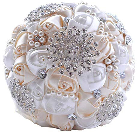Fouriding Handgemachte Brosche Brautstrauß Braut Satin Rosen Blumen Strass Perlen Blumensträusse Hochzeit Strauß Künstliche Blumenstrauß künstlicher Rosenstrauß Dekoration (Cremeweiß)
