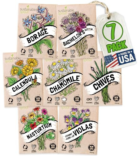 Edible Flower Seeds for Planting: 7 Variety Packets: Viola, Calendula, Chamomile, Chives, Bachelor Button, Borage & Nasturtium, Annual & Perennial Edible Flower Seeds Garden Kit by Sustainable Sprout